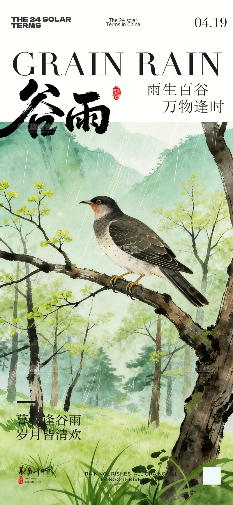 源文件下载【趣麦麦图】水墨风谷雨节气森林鸟类插画