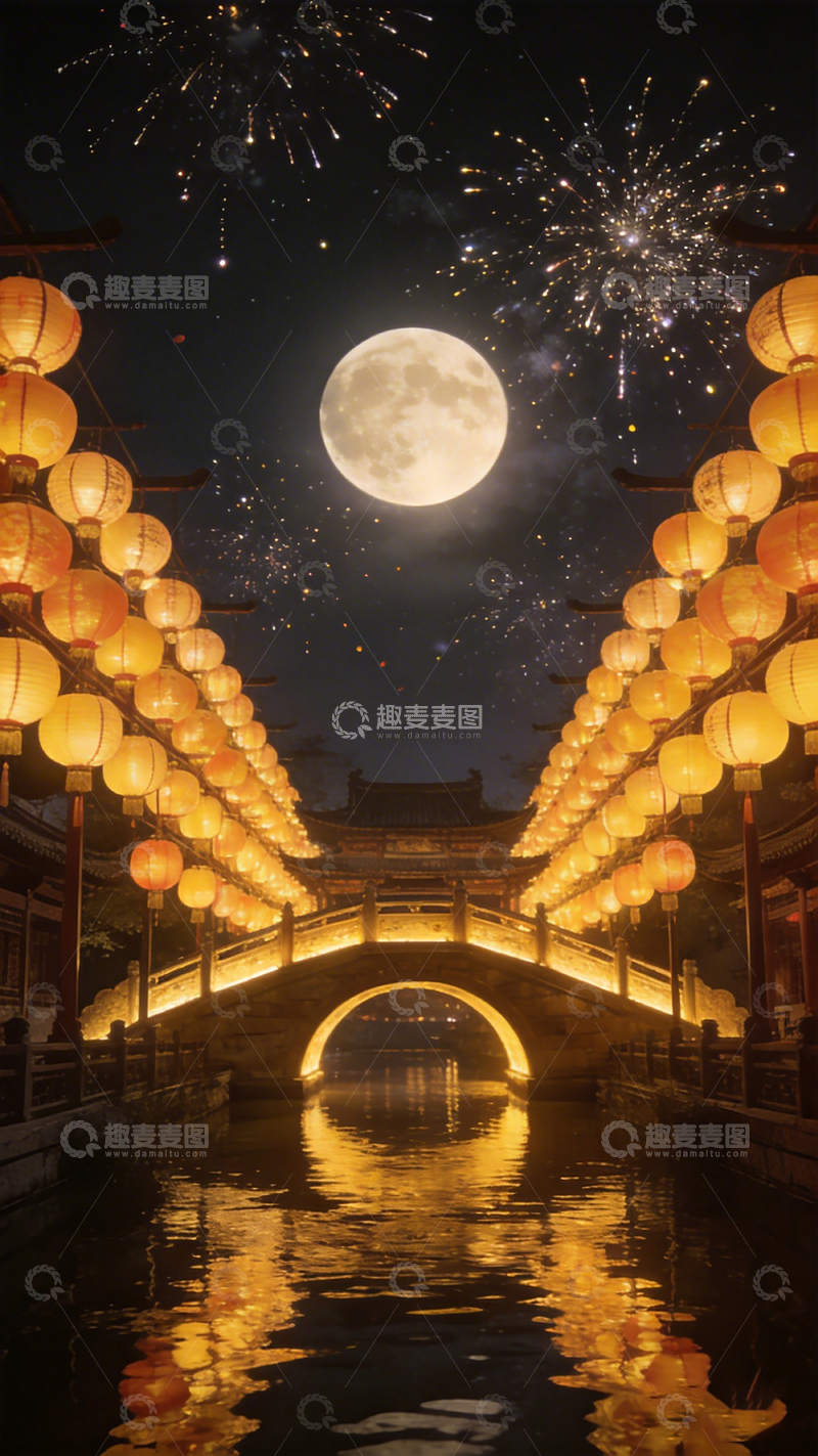 高清大图下载【趣麦麦图】古典拱桥上元夜美景