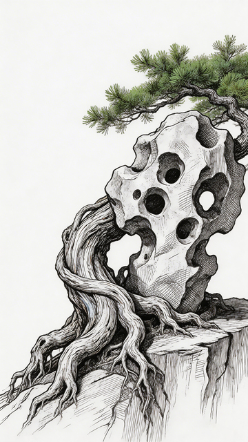 水墨画盆景松树奇石
