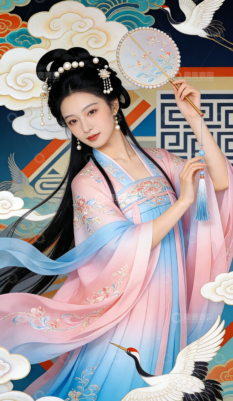 高清大图下载【趣麦麦图】古风美人仙鹤祥云插画装饰画