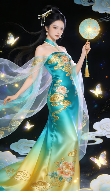 古风仙女持扇绣球图案长裙插画装饰画