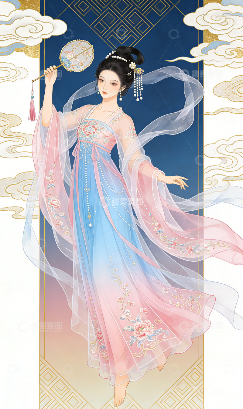 高清大图下载【趣麦麦图】古风仕女华丽长裙插画装饰画