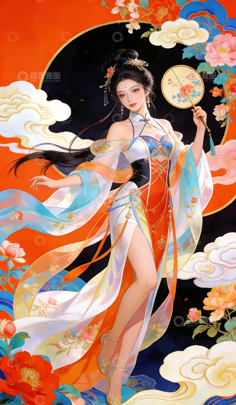 高清大图下载【趣麦麦图】古风仙女手持圆扇插画装饰画