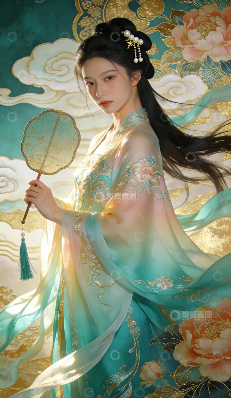 高清大图下载【趣麦麦图】古风汉服美女手持团扇装饰画