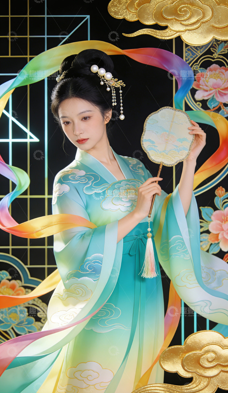 高清大图下载【趣麦麦图】古风汉服仕女手持团扇艺术插画装饰画