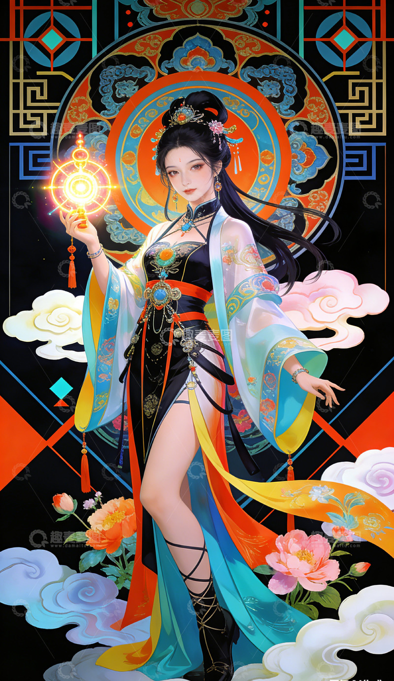 高清大图下载【趣麦麦图】古风仙女手持法器插画装饰画
