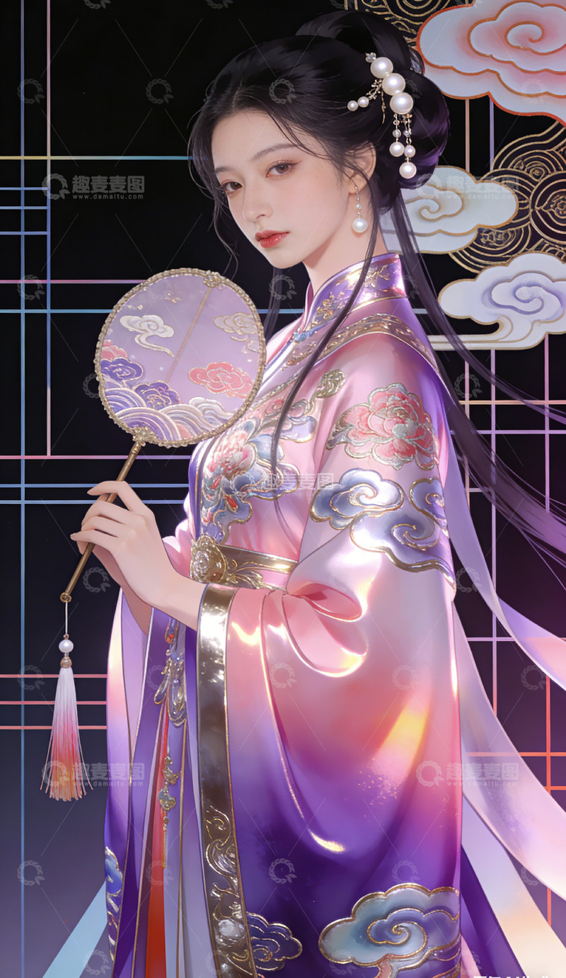 高清大图下载【趣麦麦图】古风美人绘华服持扇图装饰画