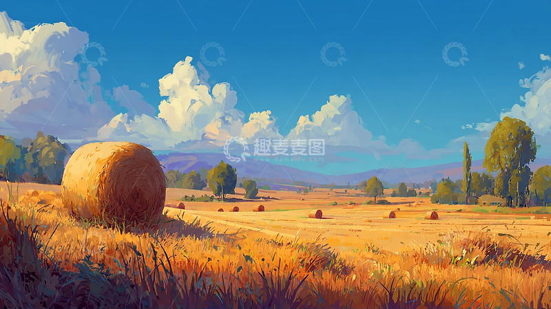 高清大图下载【趣麦麦图】金黄色稻草堆的田园风光