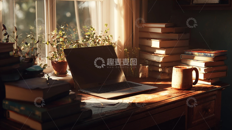 高清大图下载【趣麦麦图】夕阳洒落的静谧书房