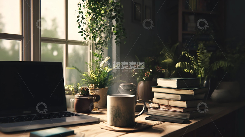 高清大图下载【趣麦麦图】阳光洒落的绿意书房