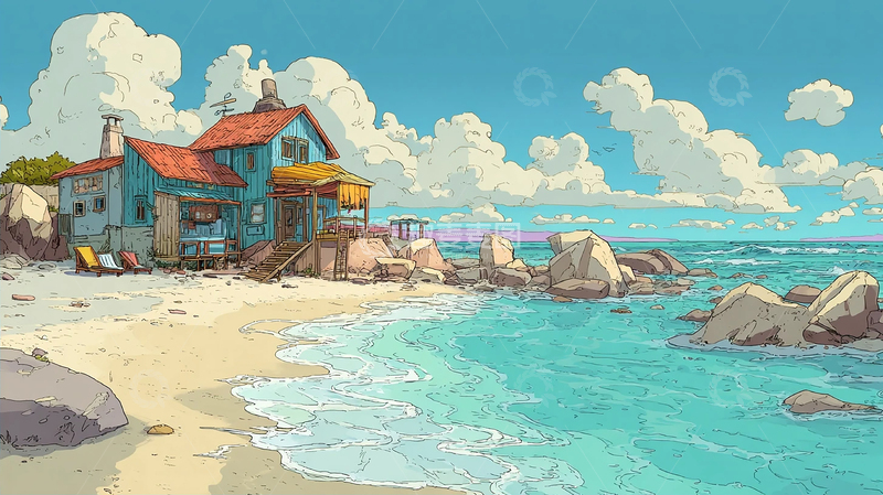 高清大图下载【趣麦麦图】海风吹过蓝屋的夏日午后