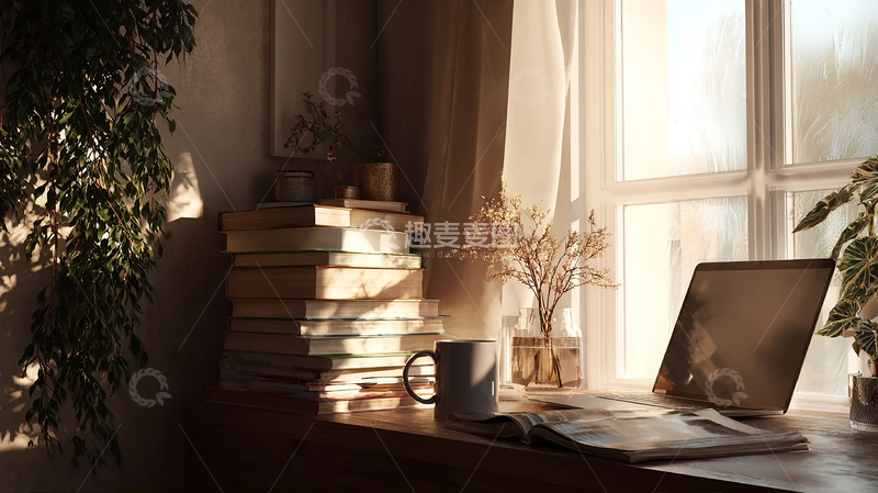 高清大图下载【趣麦麦图】阳光倾洒的静谧书房