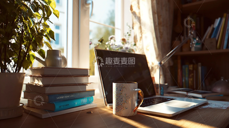 高清大图下载【趣麦麦图】温暖午后，书香与咖啡的交响