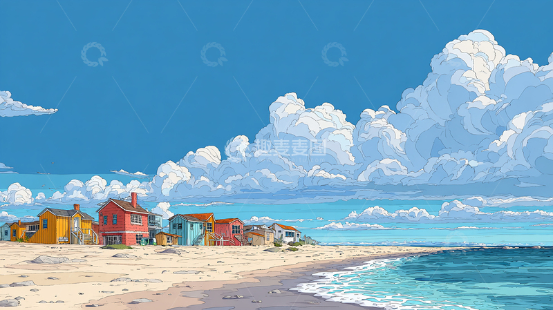 高清大图下载【趣麦麦图】云端诗意海岸村落画卷