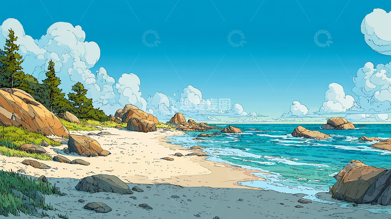 高清大图下载【趣麦麦图】云卷浪涌之石岸遐想