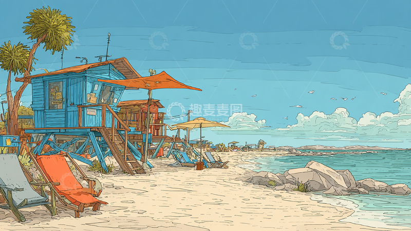 高清大图下载【趣麦麦图】海边蓝屋的慵懒午后遐想