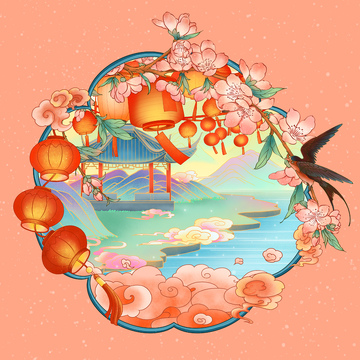 古风春天传统节日灯笼山水花鸟插画