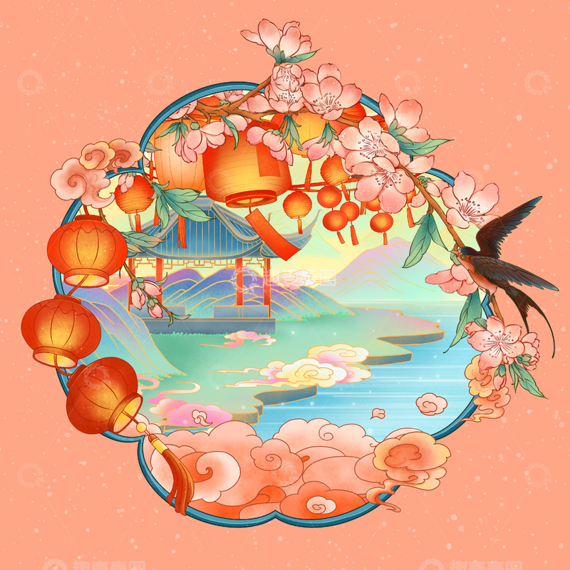 源文件下载【趣麦麦图】-古风春天传统节日灯笼山水花鸟插画