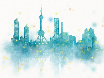 水彩上海城市夜景梦幻插画