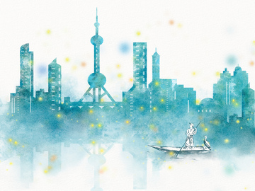 水墨上海城市夜景小舟插画