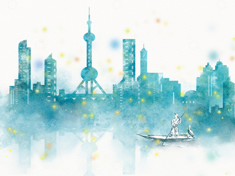 源文件下载【趣麦麦图】-水墨上海城市夜景小舟插画