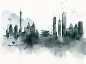 水墨城景小舟手绘