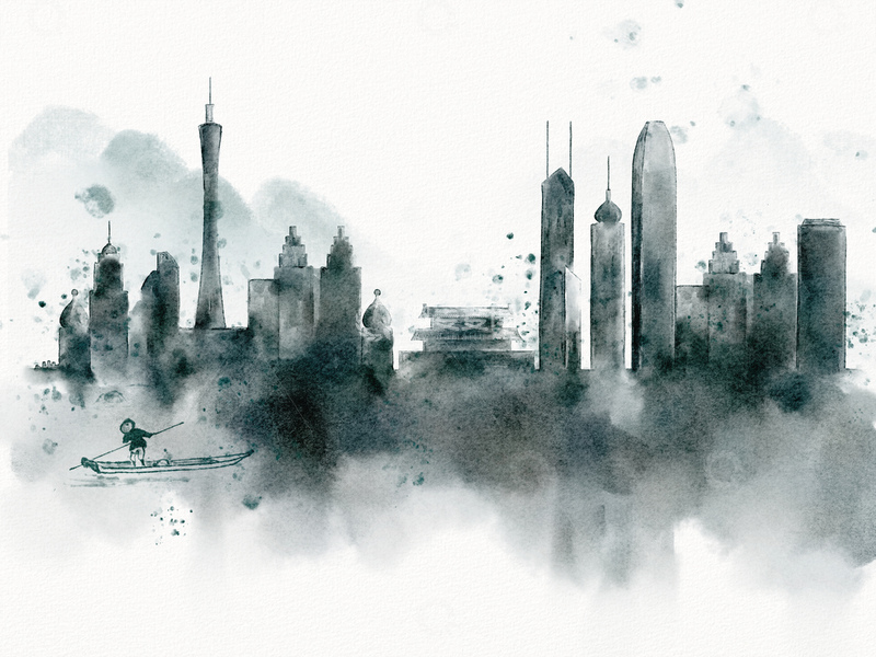 源文件下载【趣麦麦图】水墨城景小舟手绘