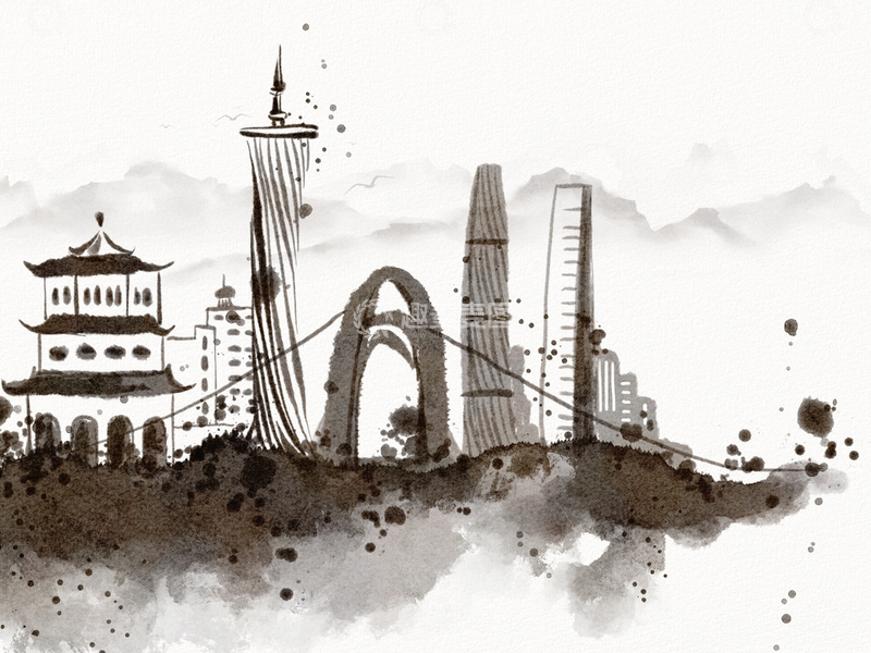 源文件下载【趣麦麦图】水墨城市建筑插画