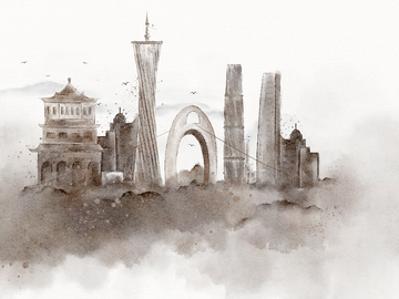 水墨城市天际线建筑手绘