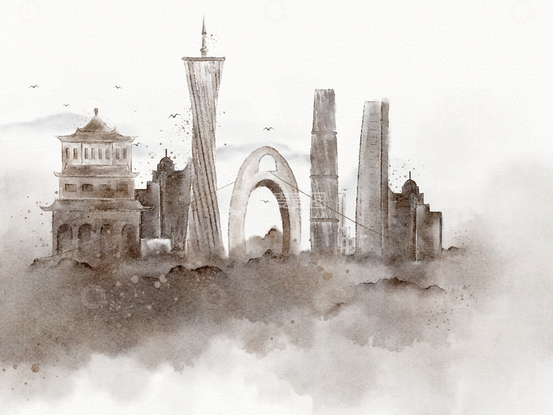 源文件下载【趣麦麦图】水墨城市天际线建筑手绘