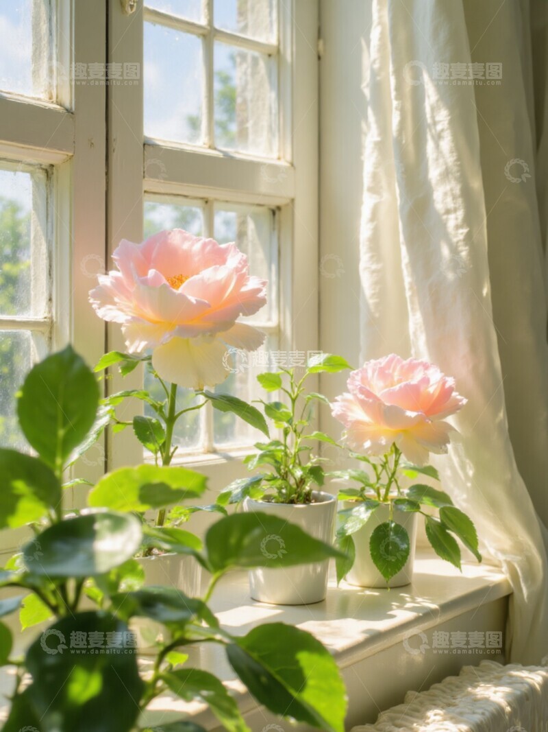 高清大图下载【趣麦麦图】阳光窗台玫瑰美景摄影