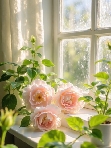 阳光窗台粉玫瑰美景