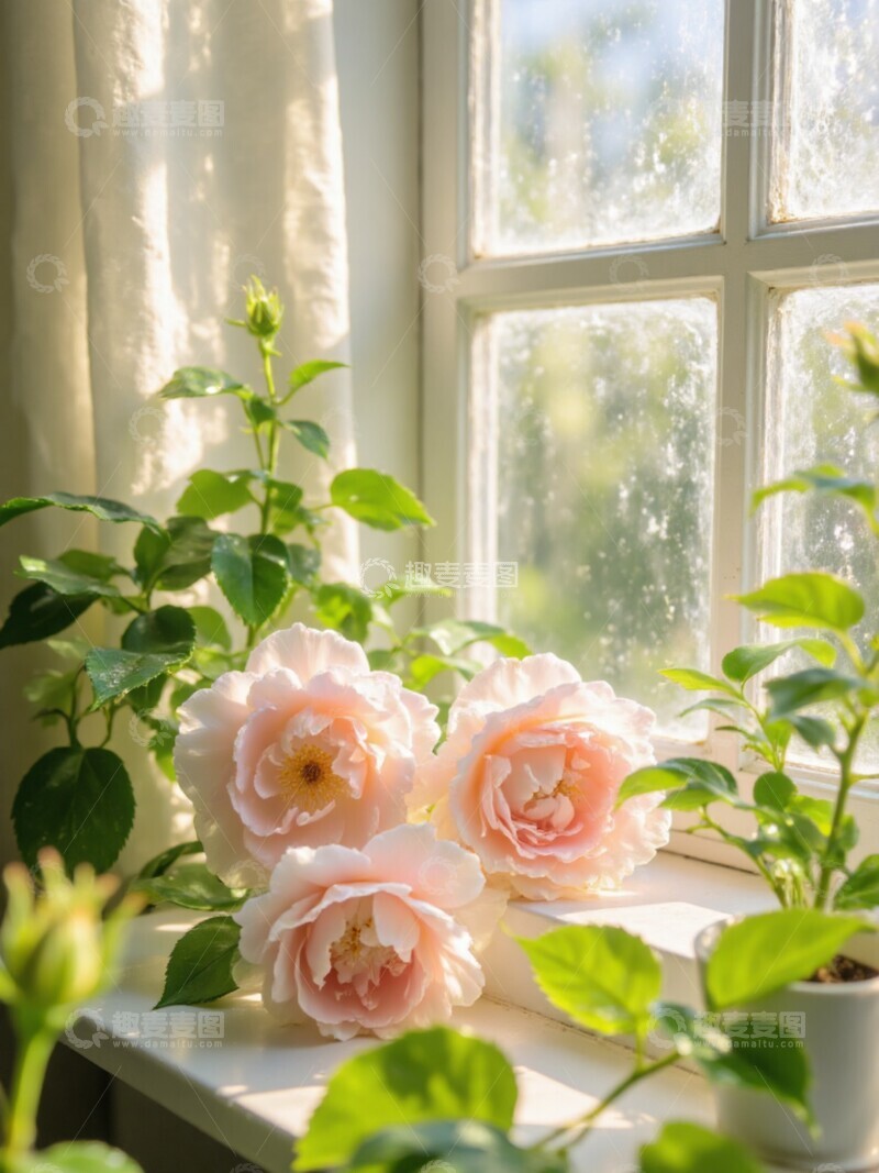 高清大图下载【趣麦麦图】阳光窗台粉玫瑰美景