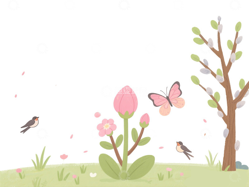 高清大图下载【趣麦麦图】春日草地花鸟插画
