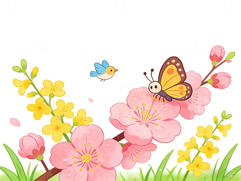 高清大图下载【趣麦麦图】卡通春天花卉蝴蝶插画