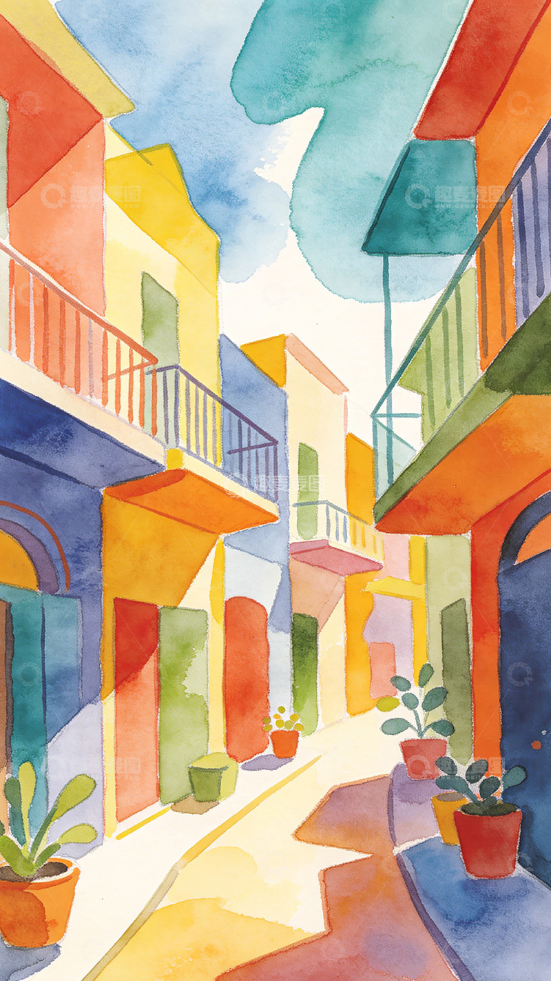 高清大图下载【趣麦麦图】色彩斑斓小巷水彩画