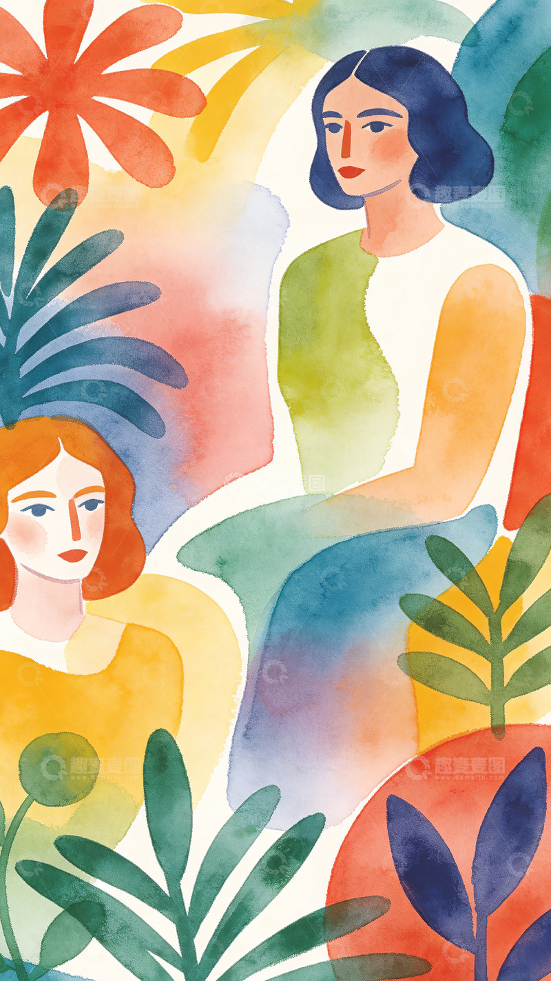 高清大图下载【趣麦麦图】水彩画女性与植物