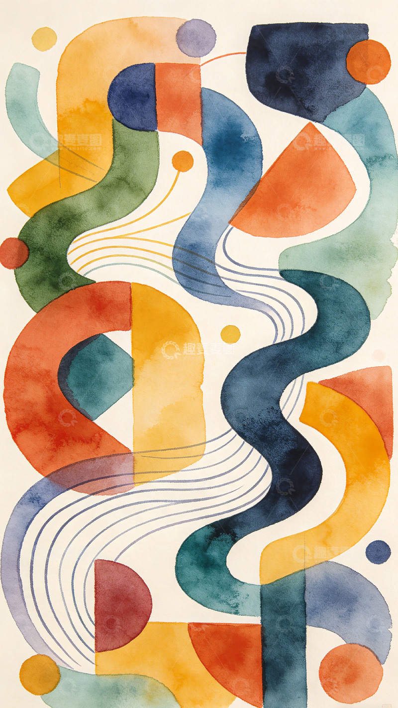 高清大图下载【趣麦麦图】抽象水彩曲线图形艺术画