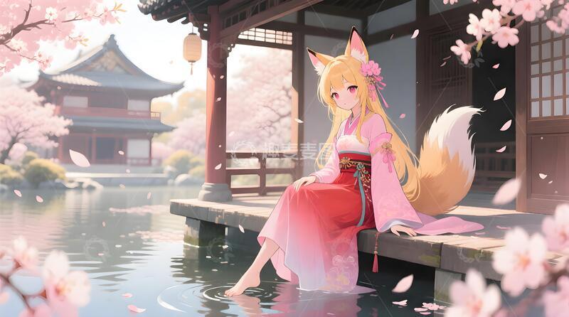 高清大图下载【趣麦麦图】和风狐仙少女动漫唯美樱花场景插画