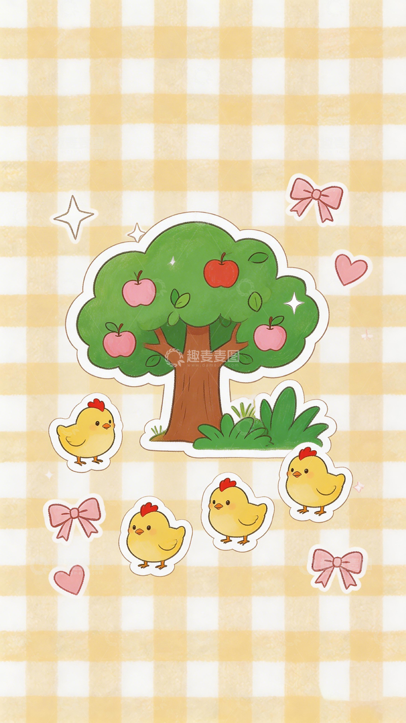 高清大图下载【趣麦麦图】田园风卡通果树小鸡贴纸
