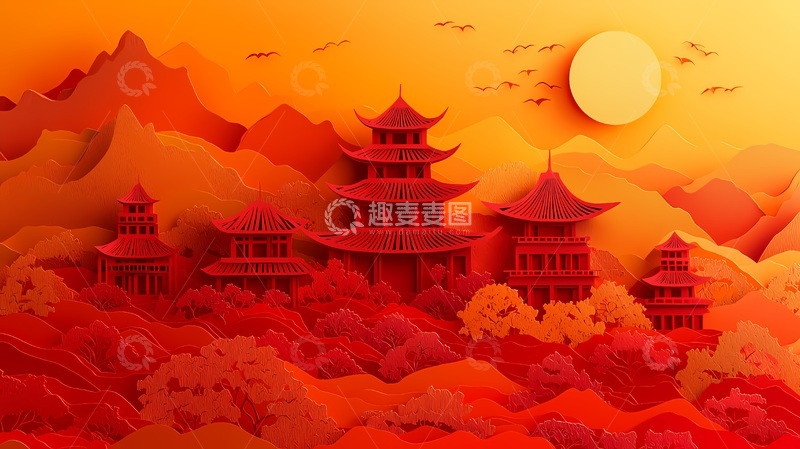 高清大图下载【趣麦麦图】剪纸风古建筑日落风景艺术插画