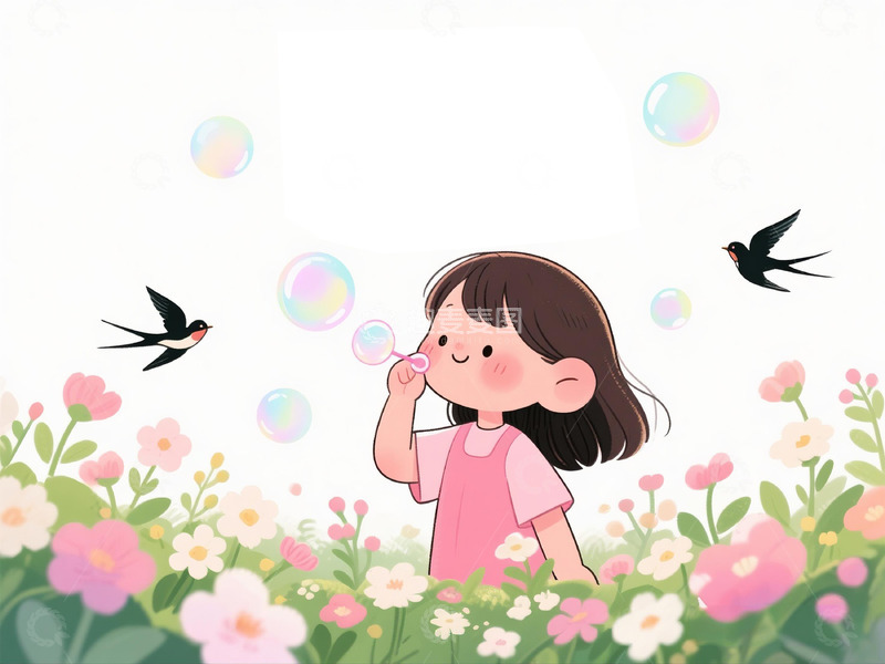 高清大图下载【趣麦麦图】卡通女孩花园吹泡泡插画