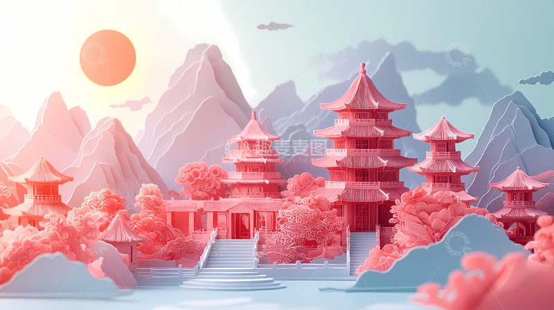 高清大图下载【趣麦麦图】粉嫩古风山水建筑插画