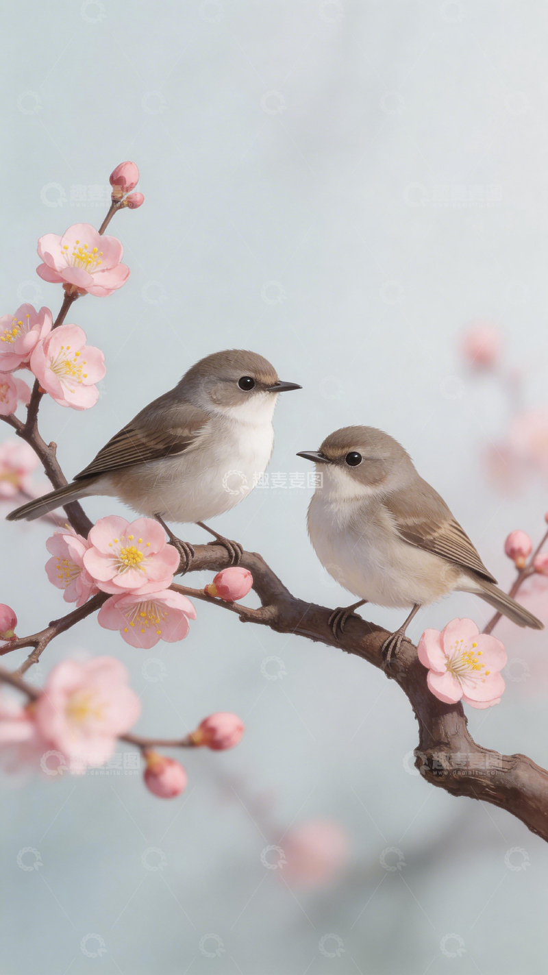高清大图下载【趣麦麦图】春日樱花小鸟装饰画