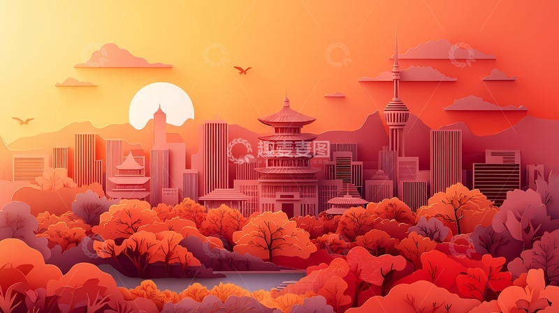 高清大图下载【趣麦麦图】纸艺城市夕阳风景