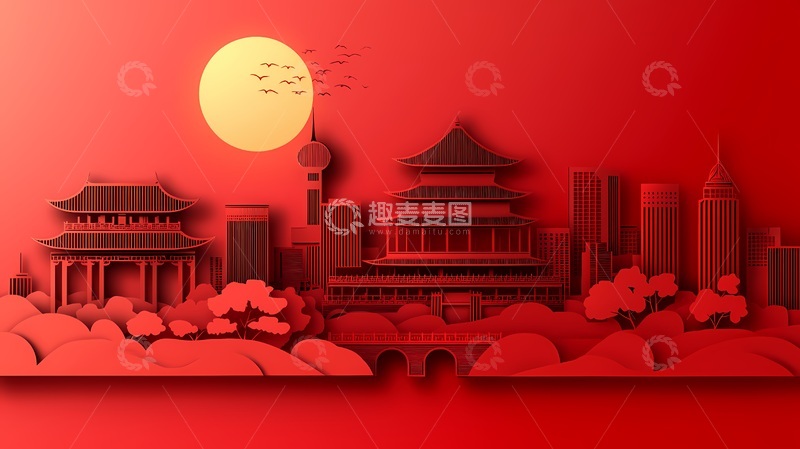 高清大图下载【趣麦麦图】红色剪纸风城市建筑剪影