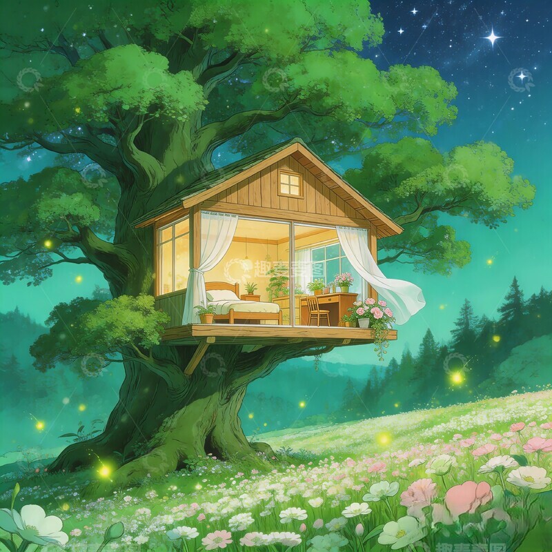 高清大图下载【趣麦麦图】童话风树屋夜景插画