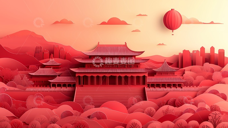 高清大图下载【趣麦麦图】红色传统建筑山水画艺术插画
