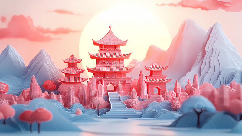 高清大图下载【趣麦麦图】东方建筑山水插画