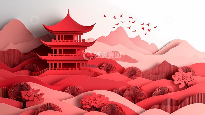 高清大图下载【趣麦麦图】红色传统建筑山水剪纸画